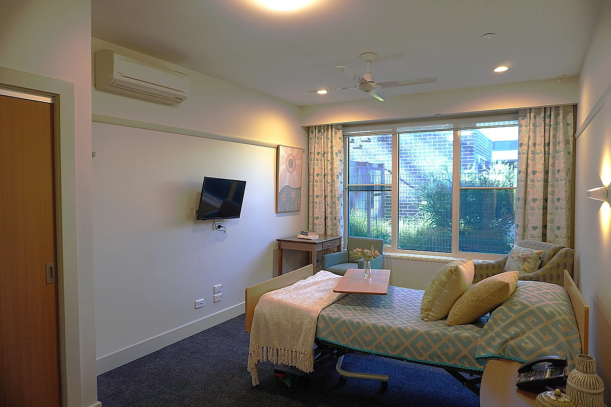 A peaceful garden view from a private room at Samarinda Lodge, BASSCARE's residential aged care home in Ashburton.