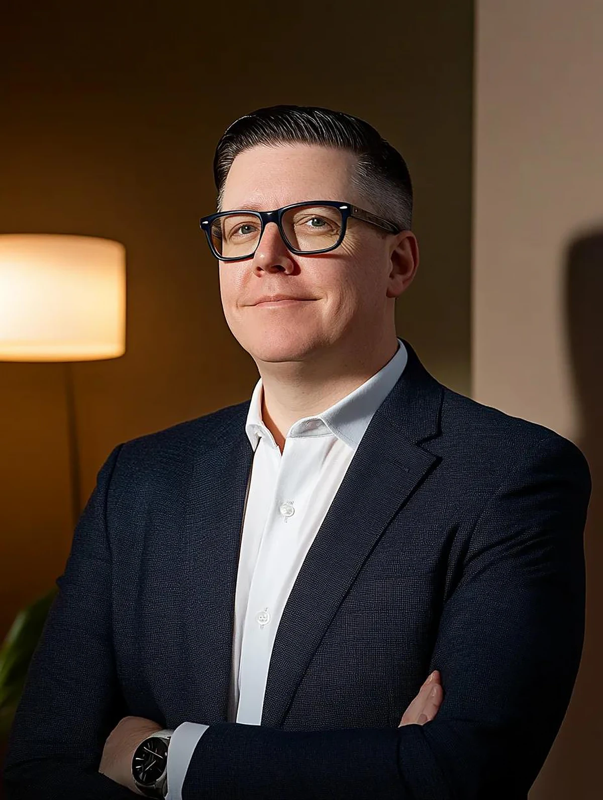 Portrait of man with dark hair and glasses smiling