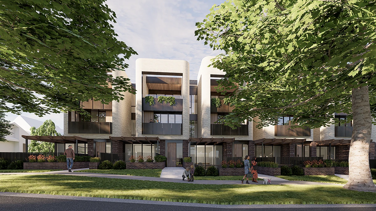 Architectural rendering of a retirement living and aged care complex in Canterbury viewed from a grassy, sloping hill among many tall, mature trees. The complex consists of multiple interconnected, modern buildings with extensive dark and light cladding.