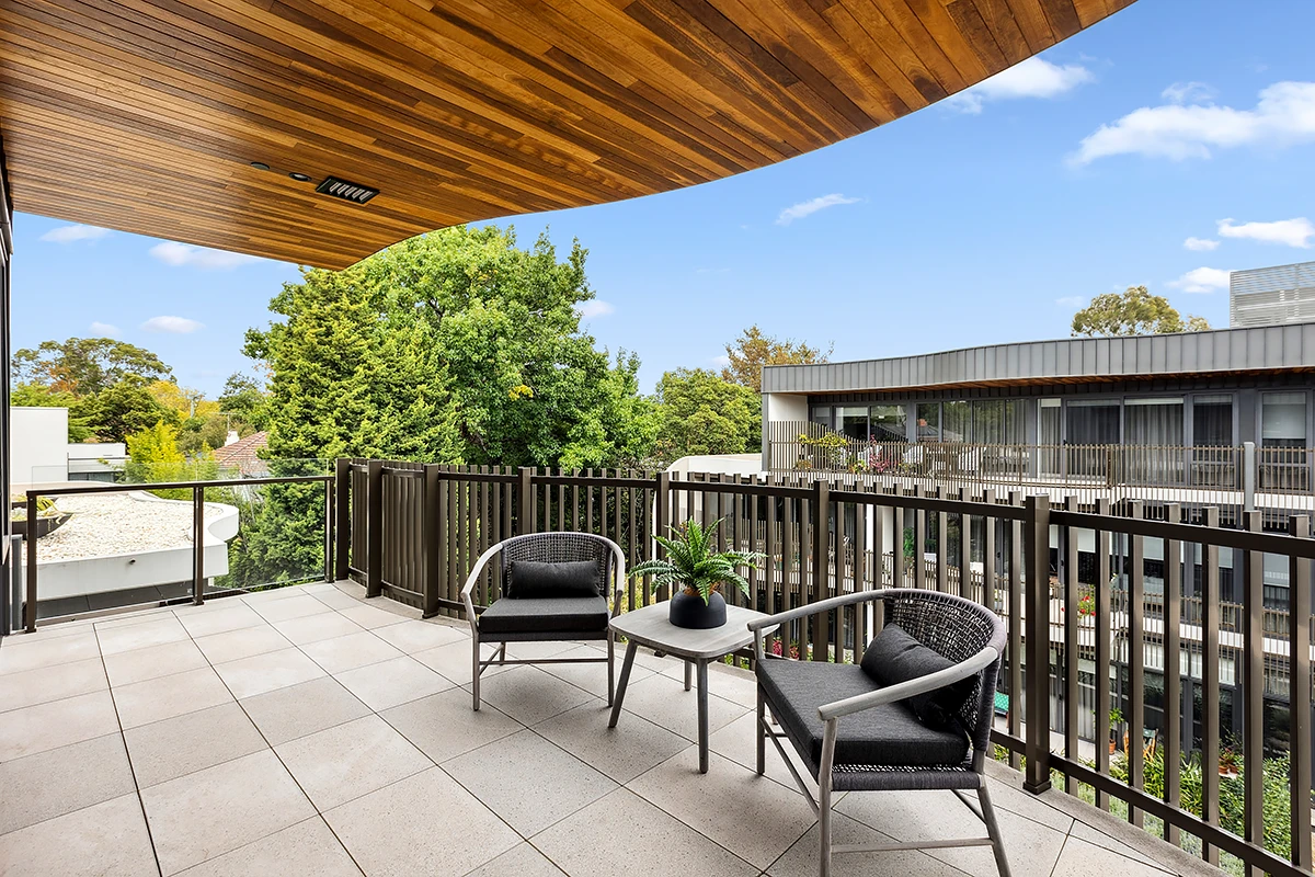 spacious private balcony in a Morgan Glen Iris assisted living apartment, offering a place for residents to relax in this Melbourne senior living community.