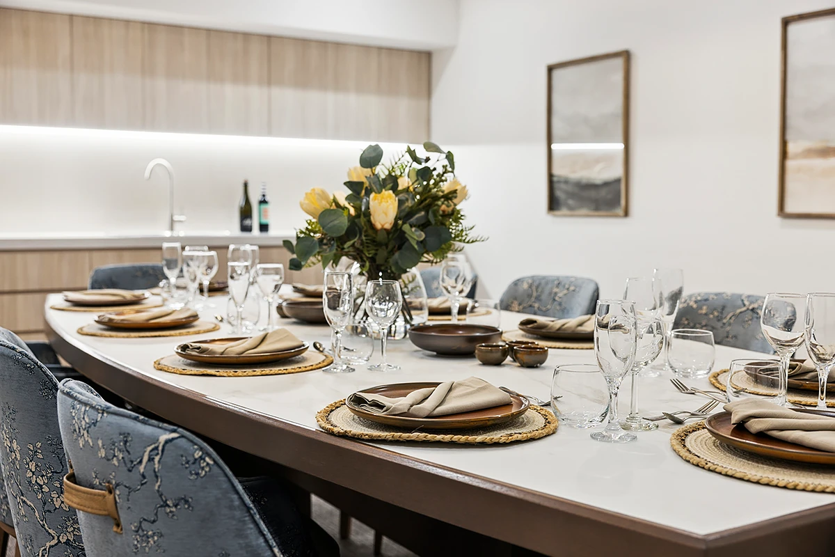 The elegant private dining room at Faversham House, an exclusive amenity for residents at this residential aged care home in Canterbury, Melbourne.